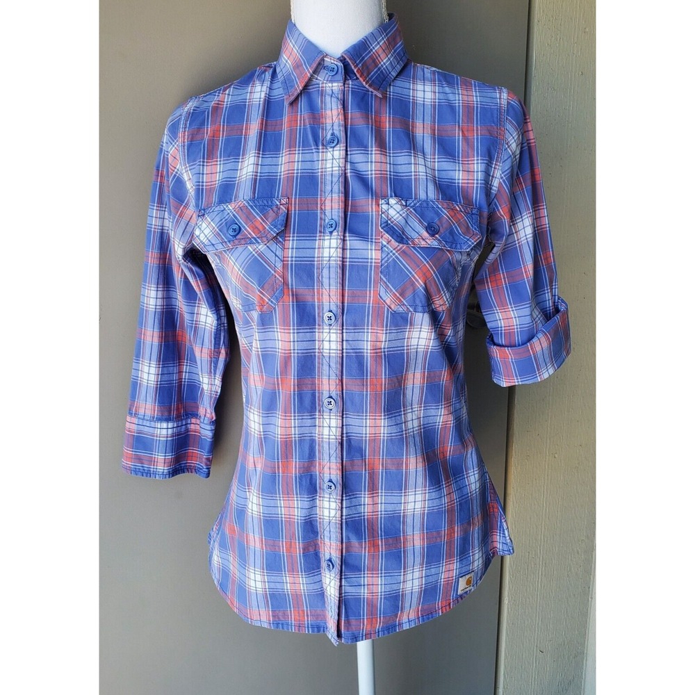 Carhartt Button Up‎ Womens Small Blue White Peach Plaid Roll Tab Casual Western